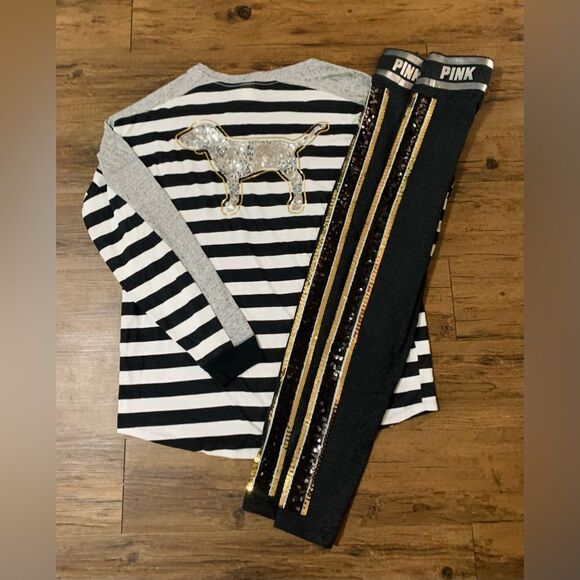 PINK Victoria's Secret Tops - PINK VS STRIPE BLING DOG SHIRT / YOGA LEGGINGS OUTFIT SET L